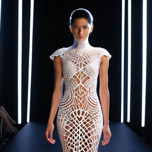Home 7 **A futuristic runway show featuring a 3D-printed dress with intricate, lace-like patterns. The dress is form-fitting and glows subtly in the dark. The model exudes confidence. Back lighting emphasizes the details. High fashion, editorial photography.**