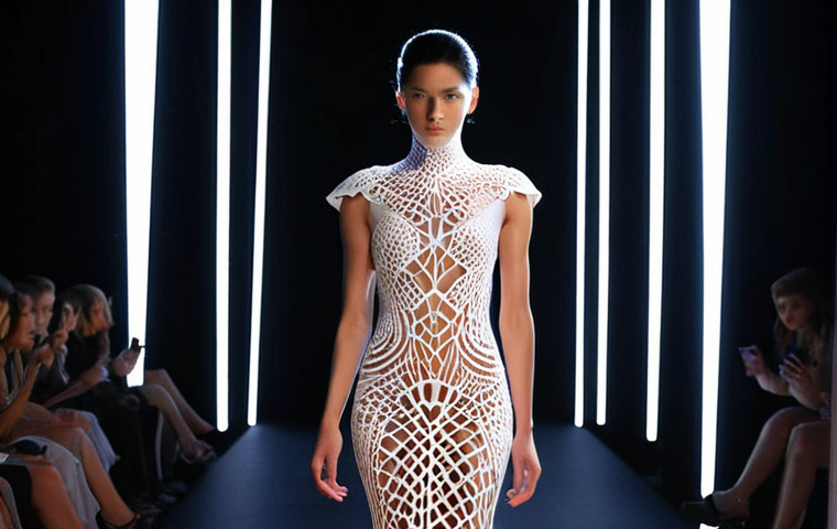 **A futuristic runway show featuring a 3D-printed dress with intricate, lace-like patterns. The dress is form-fitting and glows subtly in the dark. The model exudes confidence. Back lighting emphasizes the details. High fashion, editorial photography.**
